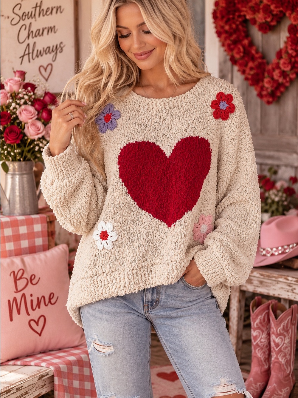 POL Cream Popcorn Knit Sweater with Red Heart & Floral Accents